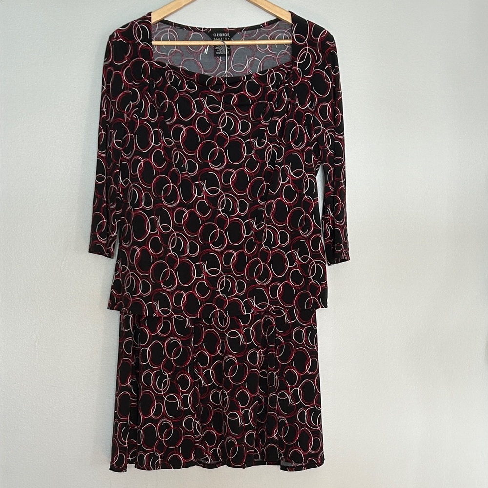 George Stretch Two Piece Black w/ Red/White Geometric Print Dress size 12/14